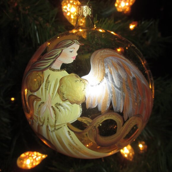 Mouth-blown and Hand-painted Glass Angel on Cloud | Glass  Hand Painted Mouth Blown Glass Angel Ornament